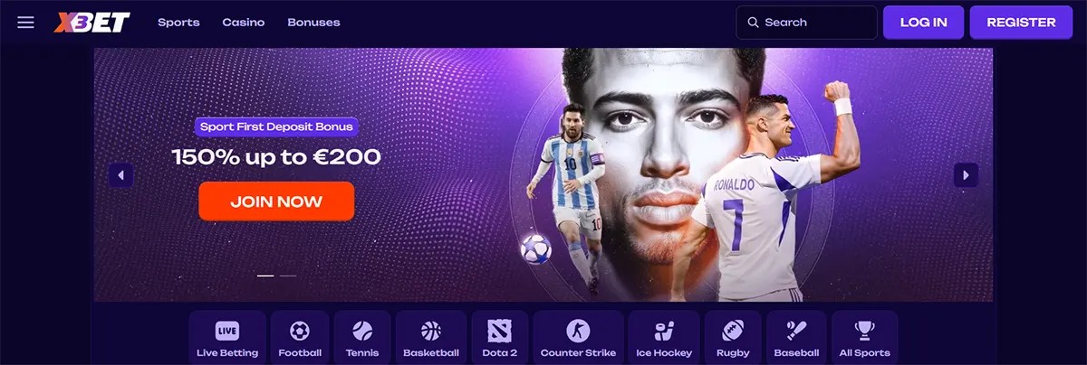 XBet sportsbook homepage with a football welcome bonus banner, player graphics, a bright orange “Join Now” button, top navigation menu, and sports category icons on a dark purple interface.