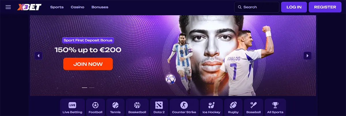 XBet sportsbook homepage with a football welcome bonus banner, player graphics, a bright orange “Join Now” button, top navigation menu, and sports category icons on a dark purple interface.