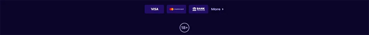 Casino footer with Visa, Mastercard, and bank transfer payment icons, a “More” link, and an 18+ badge on a dark navy background.