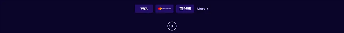Casino footer with Visa, Mastercard, and bank transfer payment icons, a “More” link, and an 18+ badge on a dark navy background.