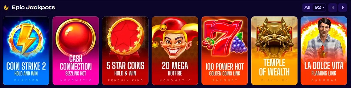 Epic Jackpots slot game section with colorful jackpot-themed game thumbnails, category count, and navigation arrows on a dark casino interface.