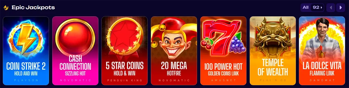 Epic Jackpots slot game section with colorful jackpot-themed game thumbnails, category count, and navigation arrows on a dark casino interface.