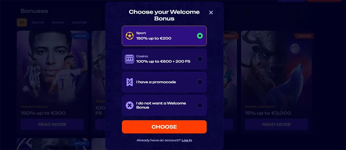 Welcome bonus selection popup on a dark betting site, featuring sport and casino offers, a promo code option, a no-bonus choice, and a bright orange choose button.