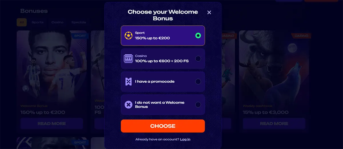 Welcome bonus selection popup on a dark betting site, featuring sport and casino offers, a promo code option, a no-bonus choice, and a bright orange choose button.
